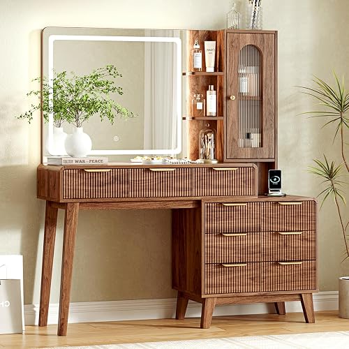 Glass Top Makeup Vanity with 3-Color LED Lighted Mirror & Power Strip, Large Vanity Table with 9 Drawers, Enclosed Cabinet & 2-Tier Open Shelves, Wooden Legs Bedroom Dressing Table, 47.2"W, Walnut