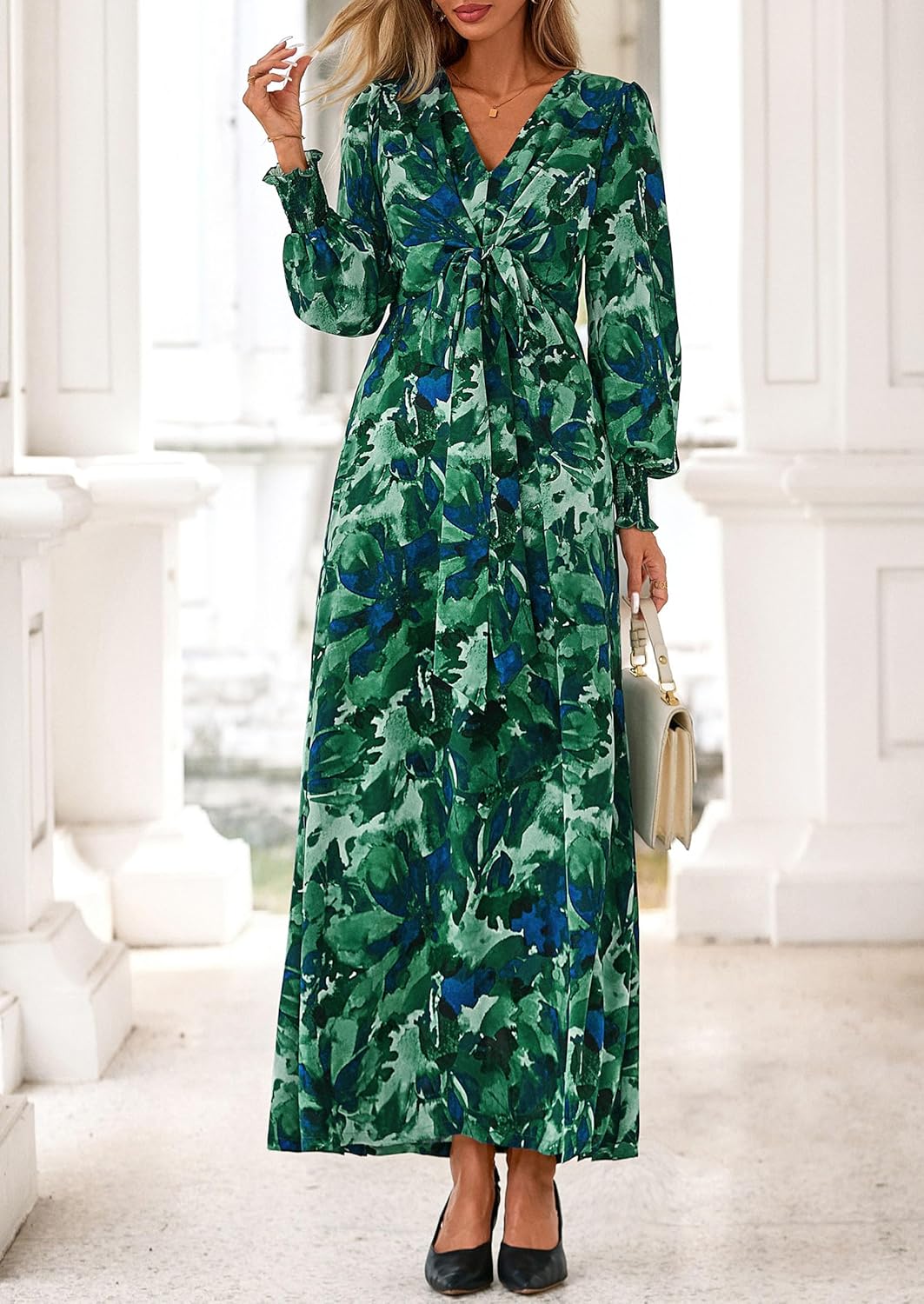 PRETTYGARDEN Women's 2026 Spring Wedding Guest Dresses Floral Long Sleeve V Neck Belted Long Flowy Boho Maxi Dress - Image 7