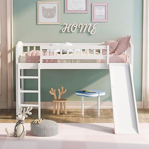 Miniatura 3 de Cama baja de tamaño individual con tobogán y escalera, marco de cama de madera para niños y niñas, color blanco