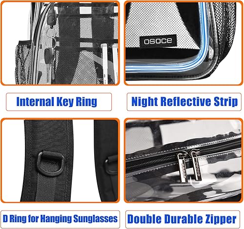 Miniatura 6 de OSOCE Mochila transparente de PVC aprobada por el estadio, bolsa transparente transparente para la escuela, Negro -, Mochila transparente de moda