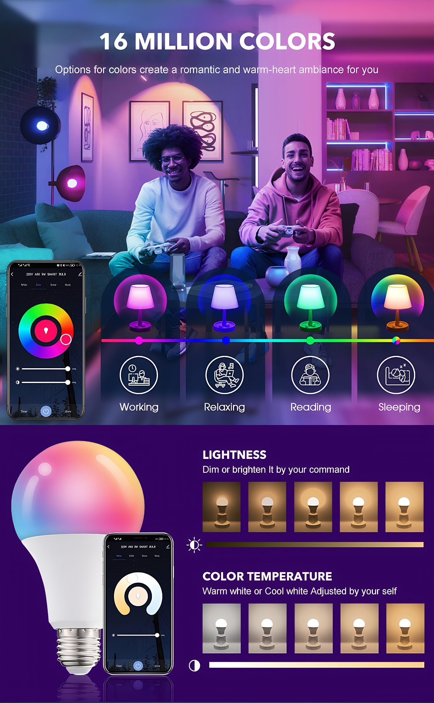 4 pack Bombillas Inteligentes Tuya WiFi Bombilla LED Cambio Color Control por voz con Sincronización Musical Compatible con Alexa y Google Assistant E27