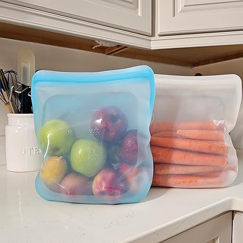 Miniatura 9 de Bolsa de almacenamiento de alimentos de silicona de 102 onzas. XXL Juego de 2 bolsas reutilizables para congelador, tapas de alimentos y