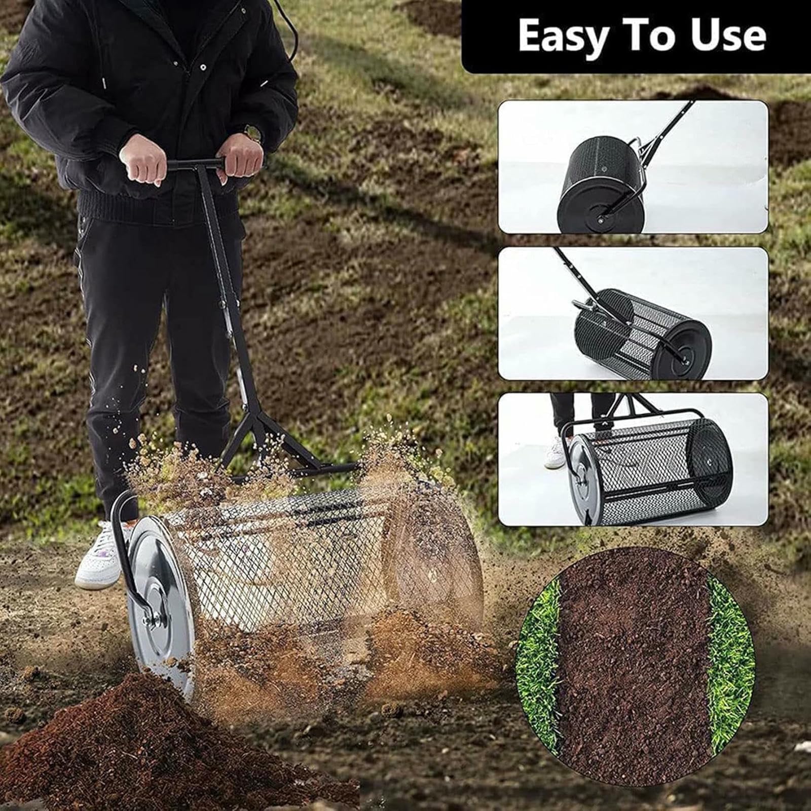Esparcidor de abono de jardín de alto rendimiento, mango ajustable, aireador de malla de metal para una distribución uniforme del suelo, ideal para uso en césped y jardín