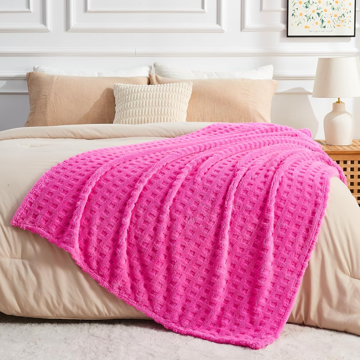 NEWCOSPLAY Super Soft Throw Blanket Pink Premium Silky Flannel Fleece 3D Waffle Checkered Lightweight Bed Blanket All Season Use (Hot Pink, Throw(50"x70")) - Image 8