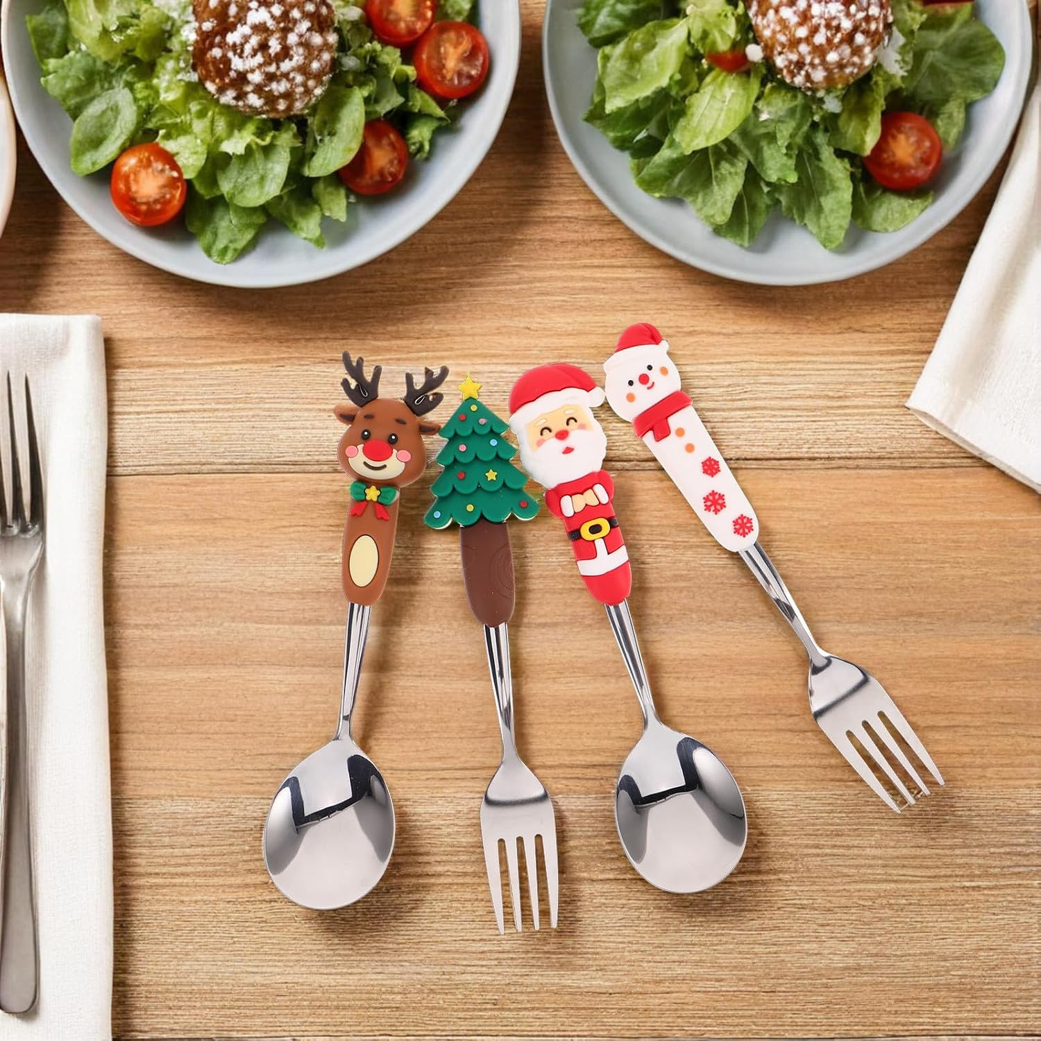 Angoily 4pcs Christmas Fork And Spoon Set, Stainless Steel Flatware, Silver