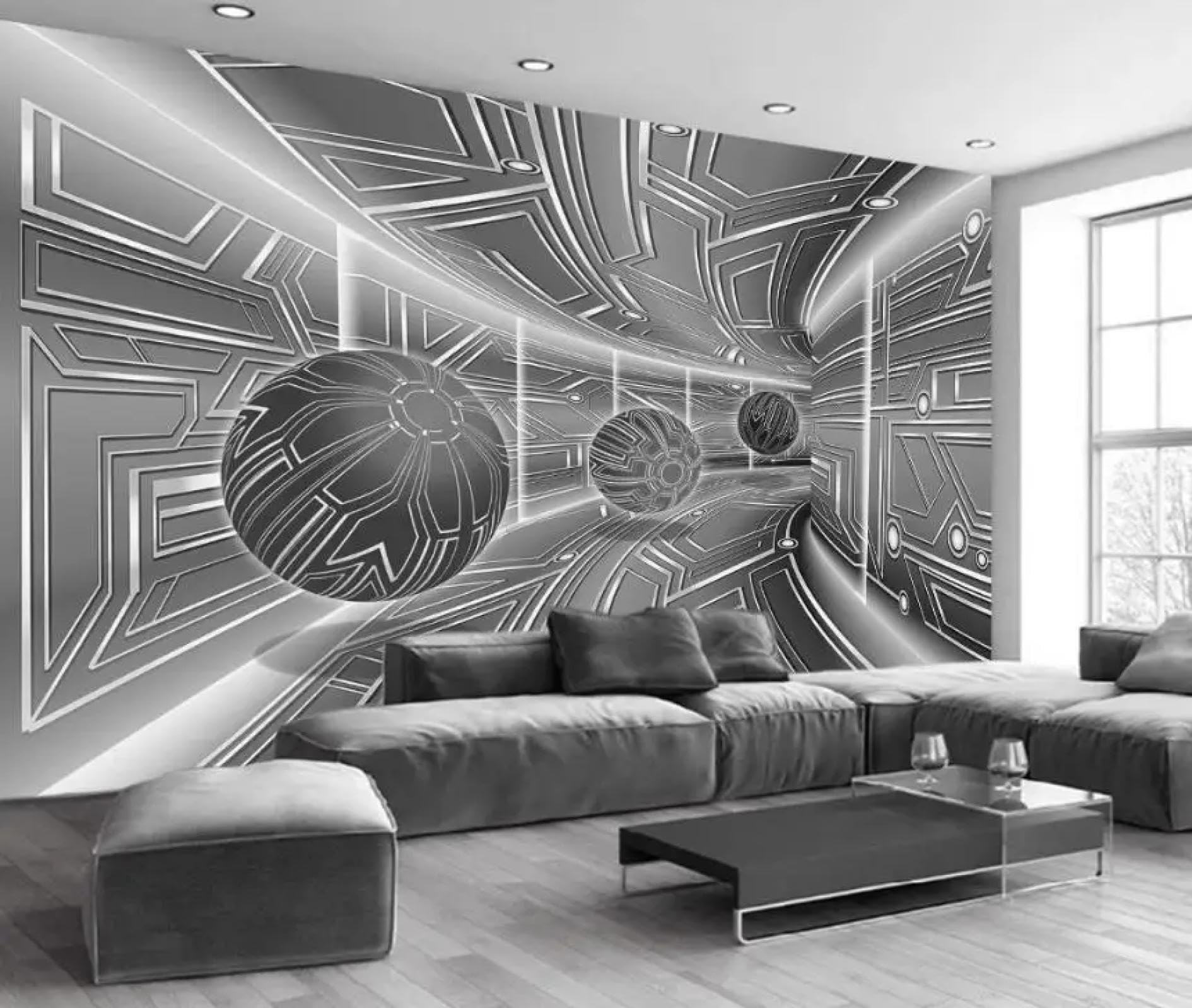 Papier peint géométrique 3D noir et blanc pour agrandir un salon moderne
