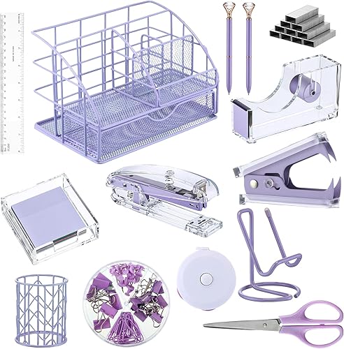 El kit de 14 accesorios de escritorio incluye grapadora, removedor de grapas, soporte para bolígrafos, caja de notas, organizador de malla metálica,