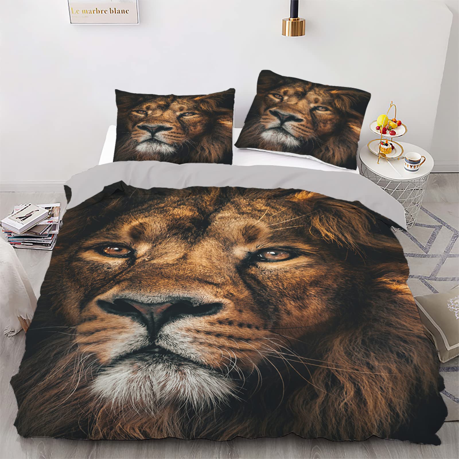 Parure de lit 220x240 fibre superfine lit adulte tête de lion grise douce