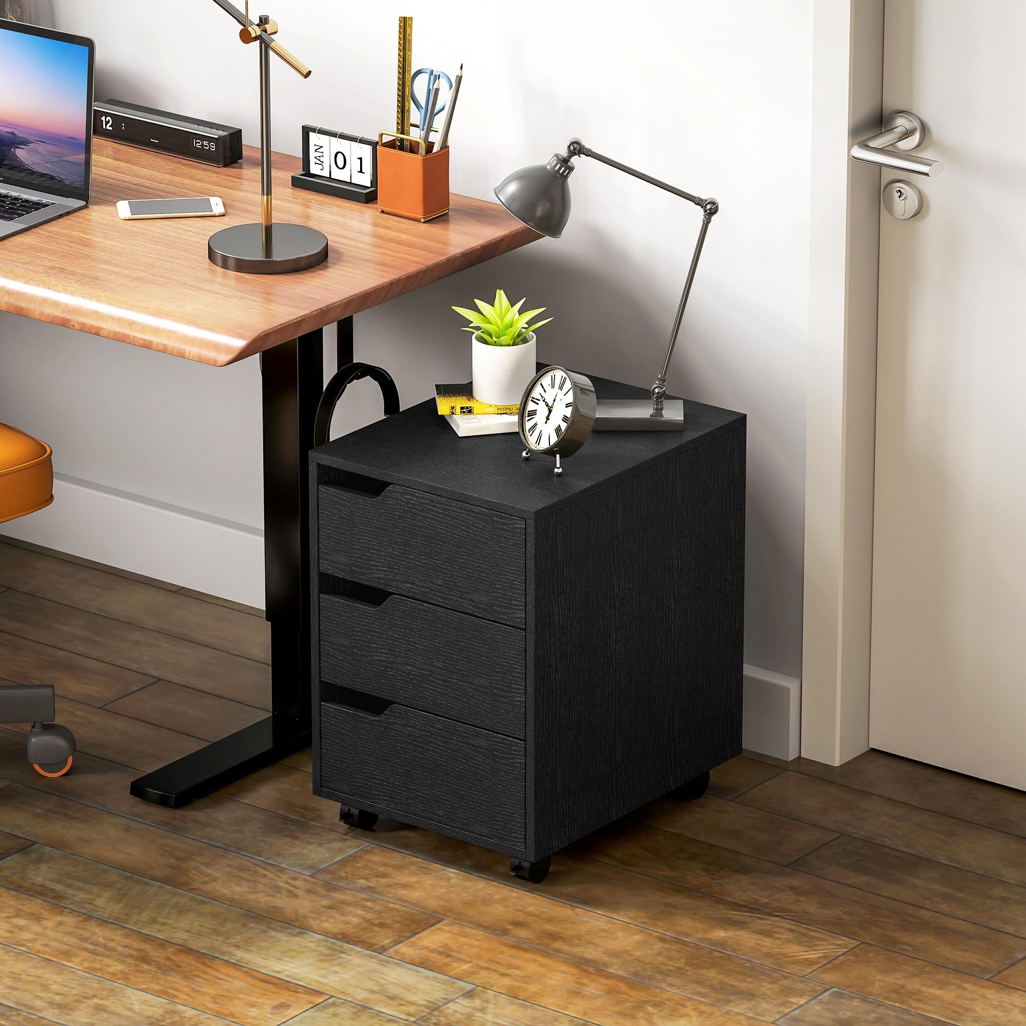 HOMCOM Cassettiera da scrivania mobile con 3 cassetti, mobile da scrivania su ruote, per documenti e stampante, scatola compatta per lavoro o camera da letto, 40 x 50 x 57,5 cm, nero