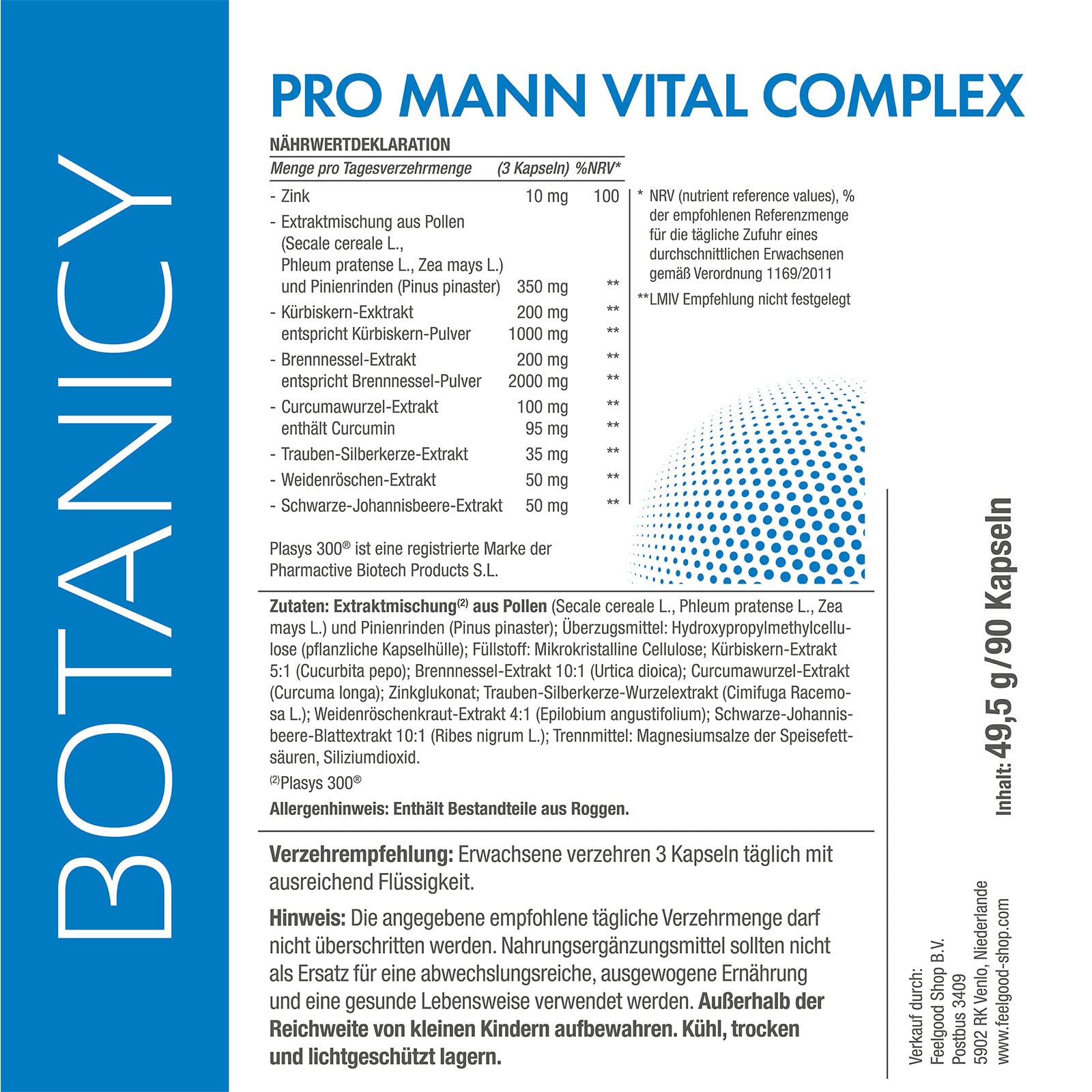 Botanicy PRO MANN VITAL COMPLEX 3er Set - Kürbiskern, Brennessel & Weidenröschen Extrakt + Zink - Mit Markenrohstoff Plasys 300® aus Pollenextrakten - Natürlich, Hormonfrei, Vegan - 270 Männer Kapseln