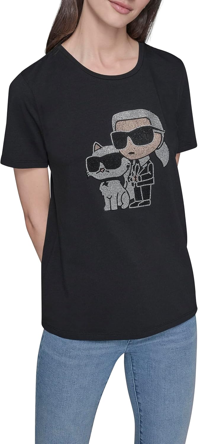 Karl Lagerfeld Womens Short Sleeve Trendy Bling Logo Choupette T-Shirt