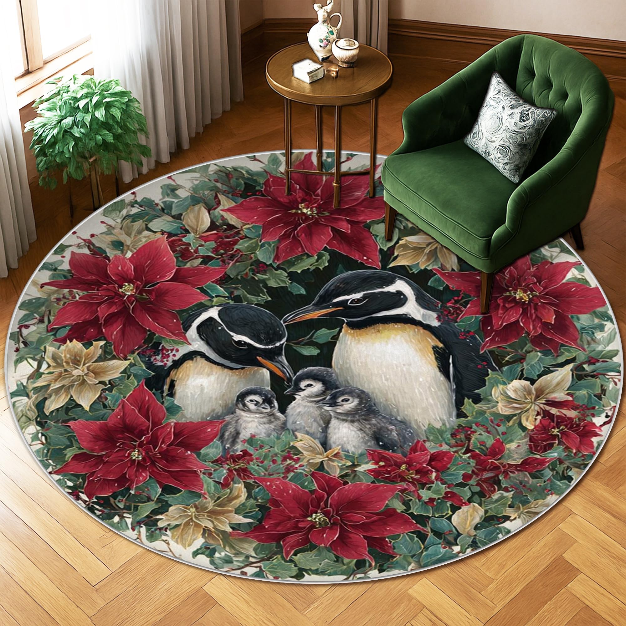 Tapis de Noël pingouins rouge 1,8x1,8m antidérapant pour le salon