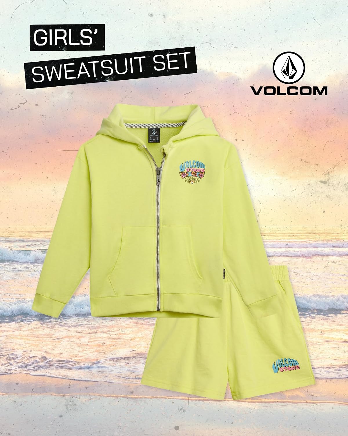 Volcom Girl's Sweatsuit Set - Long Sleeve Full Zip Up Hoodie Sweatshirt and Sweat Shorts Set for Girls (Sizes: 4-12)