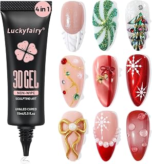 3D Gel Nail Art: 4 in 1 3D Nail Sculpting Gel for Molding, Drawing, Chrome Powder, Rhinestone Charms Glue, No Wipe Clear for DIY Fall Christmas Nail Art at Home, Lamp Curing Needed