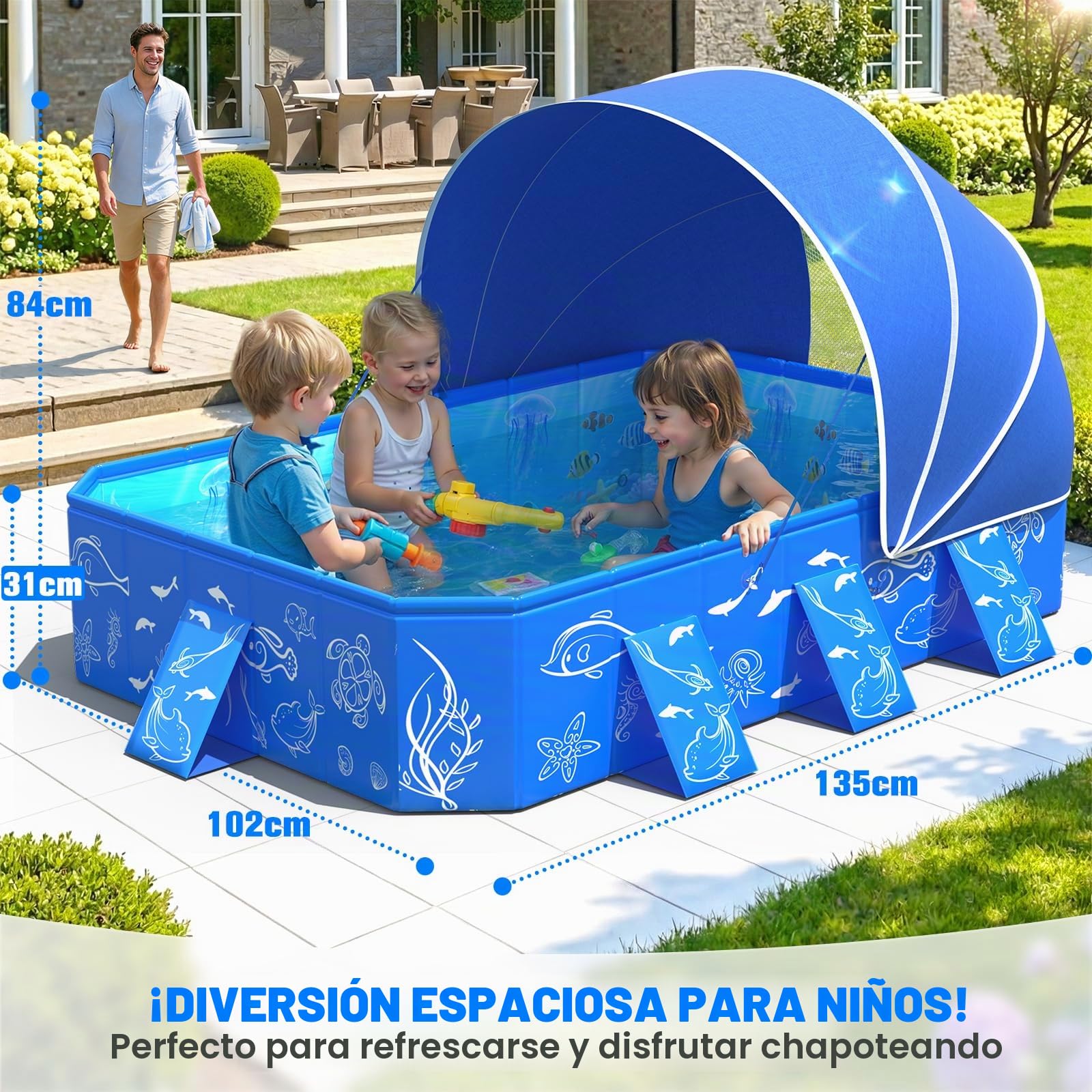 KingSom Piscina Rectangular para Niños con Toldo Solar, Piscina para Niños Plegable, Piscina Desmontable para Bebés, Anti-UV, Fácil de Guardar, Piscina Familiar para Jardín o Playa, 135 x 102 x 31 cm