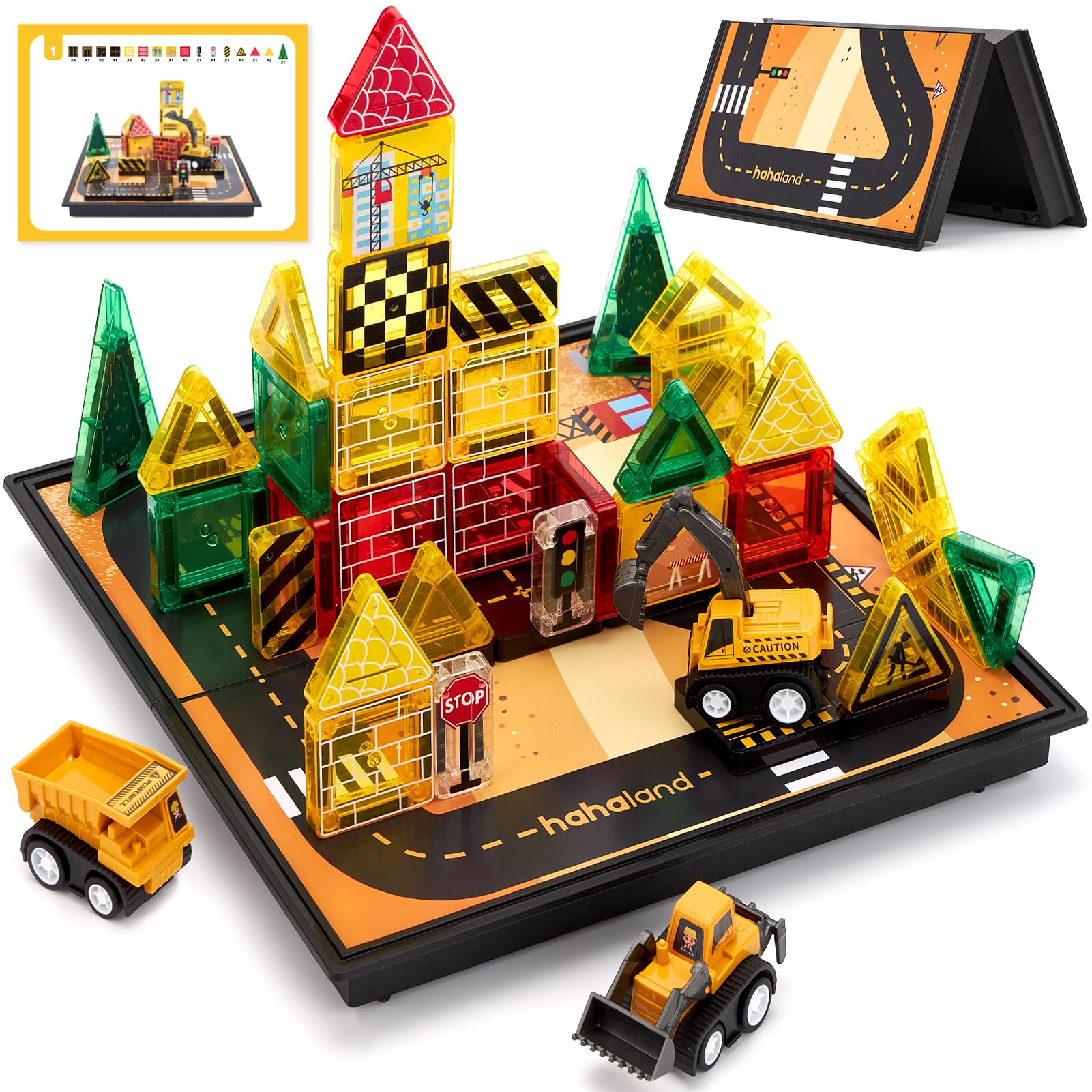 hahaland Costruzioni Magnetiche Viaggio 42 Pezzi, Tessere Magnetiche | Giochi Magnetici STEM Montessori, Tema Cantiere Veicoli, Gioco da Viaggio Auto Aereo, Regalo Bambini 3 4 5 Anni