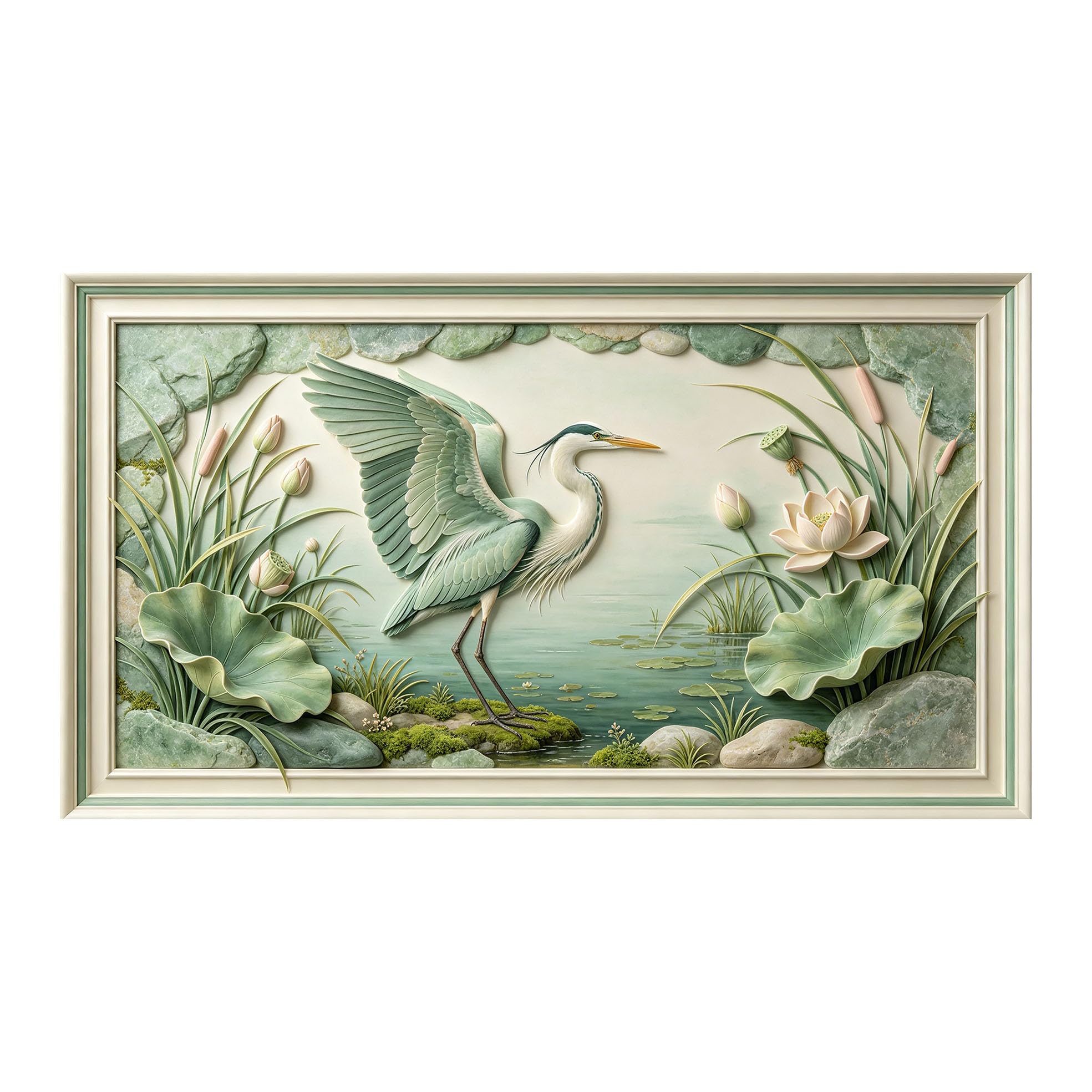 Yzpallescene 3D 3D Framed Wall Art 50cm×90cm Heron Lotus Pond Botanical Watercolor Large Size SelfAdhesive Removable Wall Decor Prints Artwork for Living Room Bedroom Office