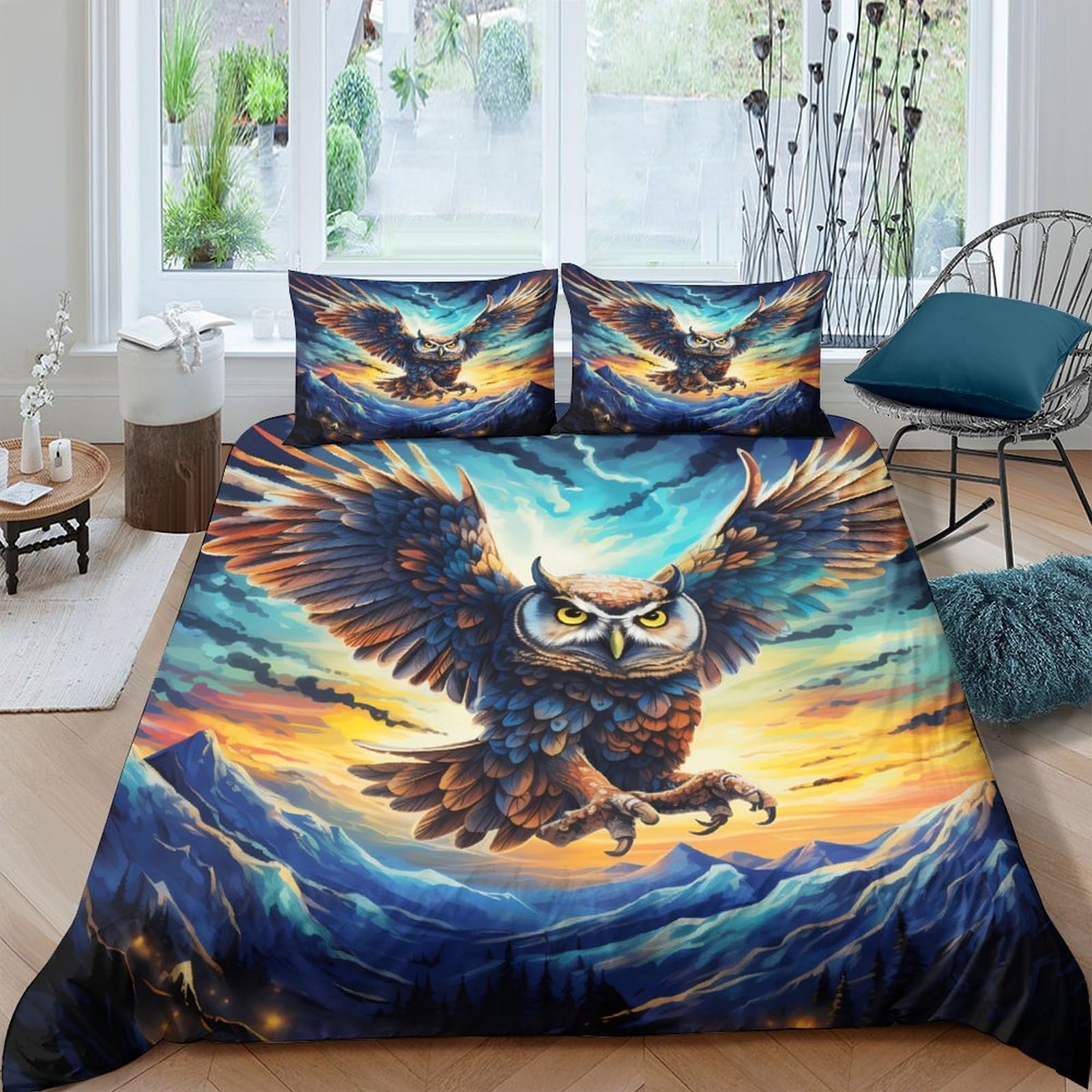 GPLZQXKJNH 3D Printed Owl Night Sky Duvet Cover Microfiber Soft Bedding Set with 2 Pillowcases for Bedroom Home Decor Single（135x200cm）
