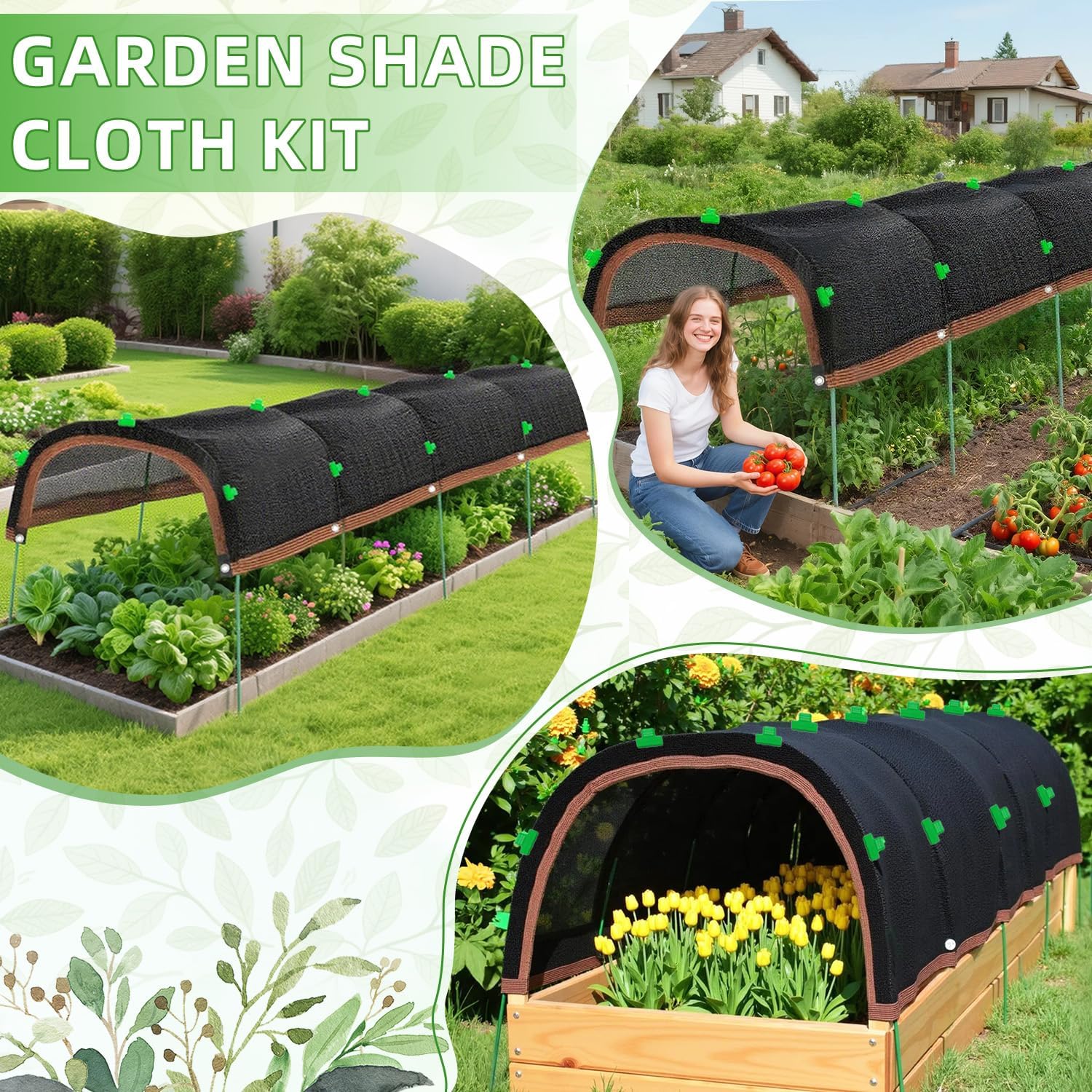 Garden Shade Cloth Kit 78.7"x59" Garden Sun Shade Cloth with Hoops for Heat Protection 75% Black Plant Shade Cloth Garden Greenhouse Grow Tunnel Shade Cloth Row Cover for Outdoor Plants Vegetables