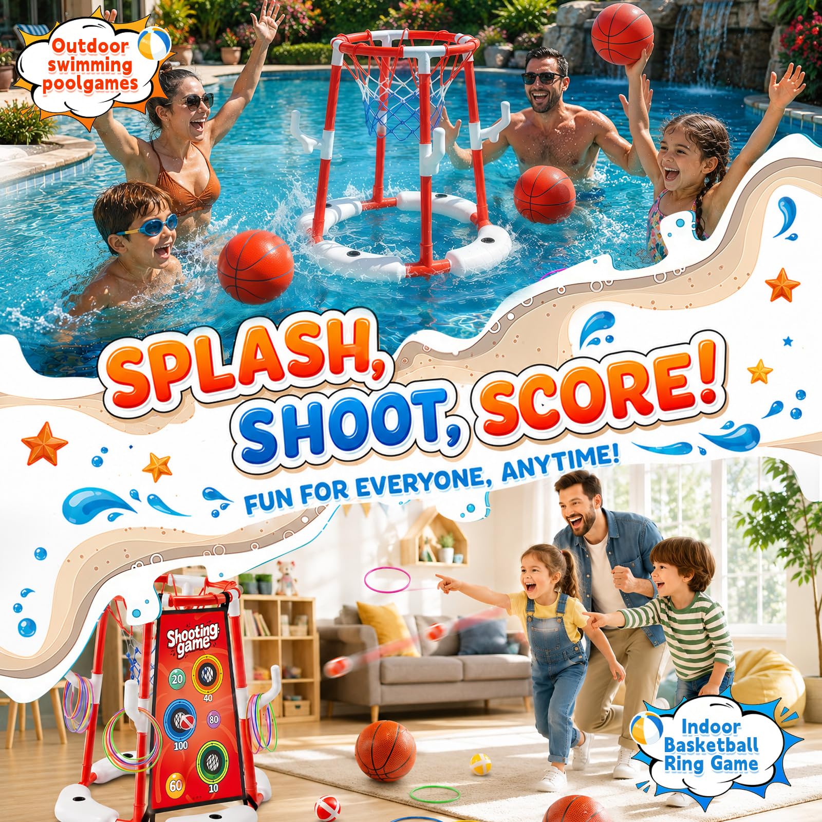 Canestro da basket 3 in 1 per esterni, con 4 palline da basket, 12 palline da lancio, 12 anelli, giocattolo da piscina, per feste hawaiane, piscina, spiaggia, bambini e adulti