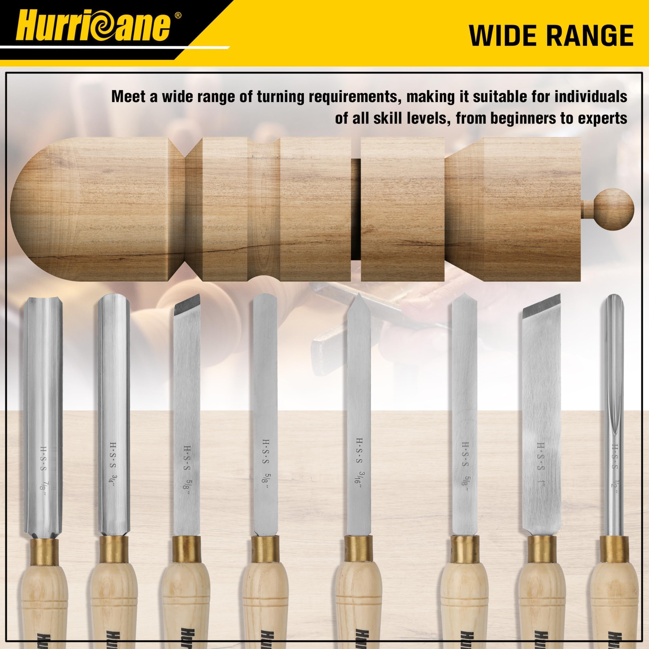 HURRICANE Juego de cinceles para torno de madera, 8 piezas HSS herramientas de torneado de torno de madera, herramientas de torno para carpintería con caja de madera
