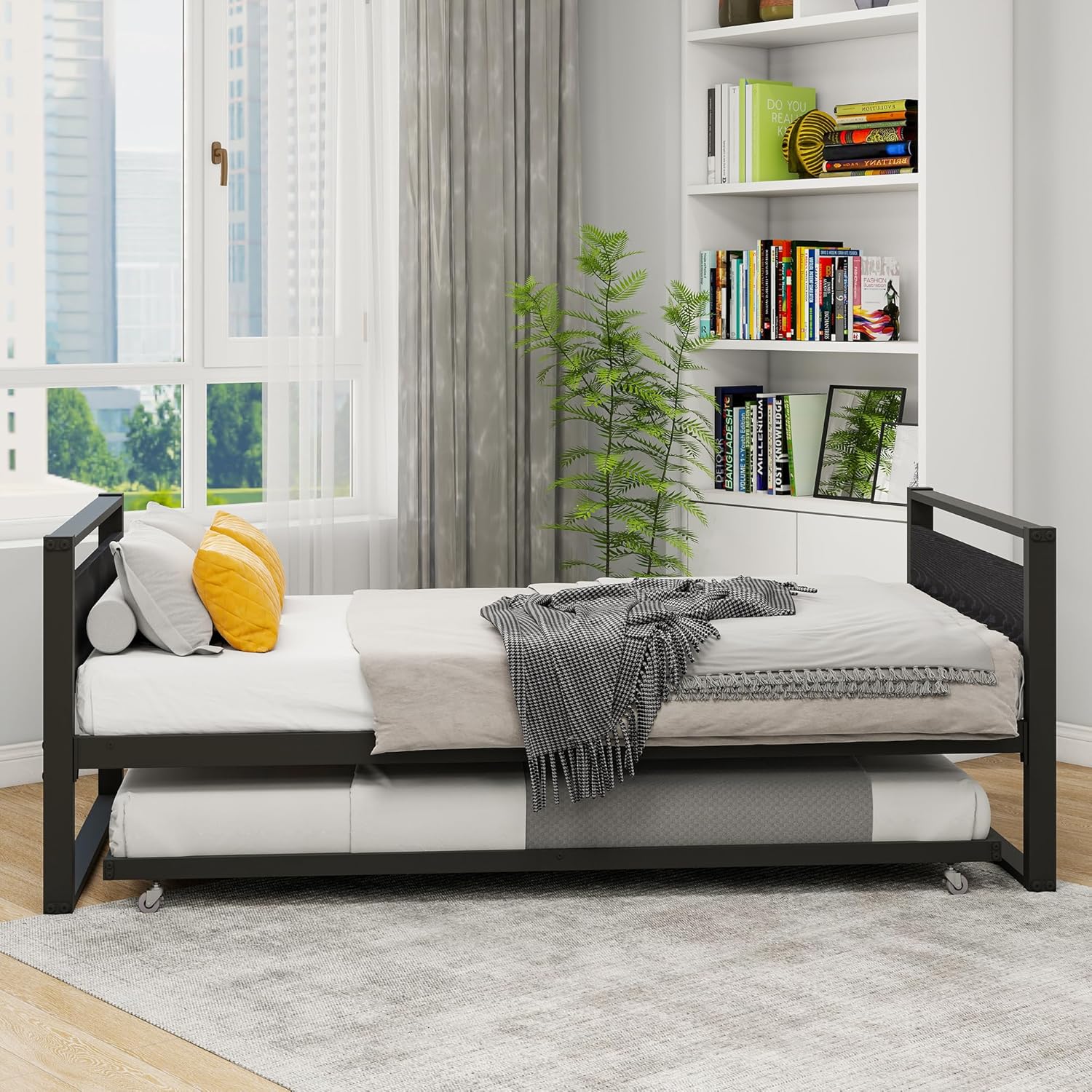 Metal Daybed Frame with Trundle, Twin Day Bed Sofa with Rustic Wood Headboard, Mattress Foundation with Metal Slats Support, Easy Assembly, Black, Twin Size