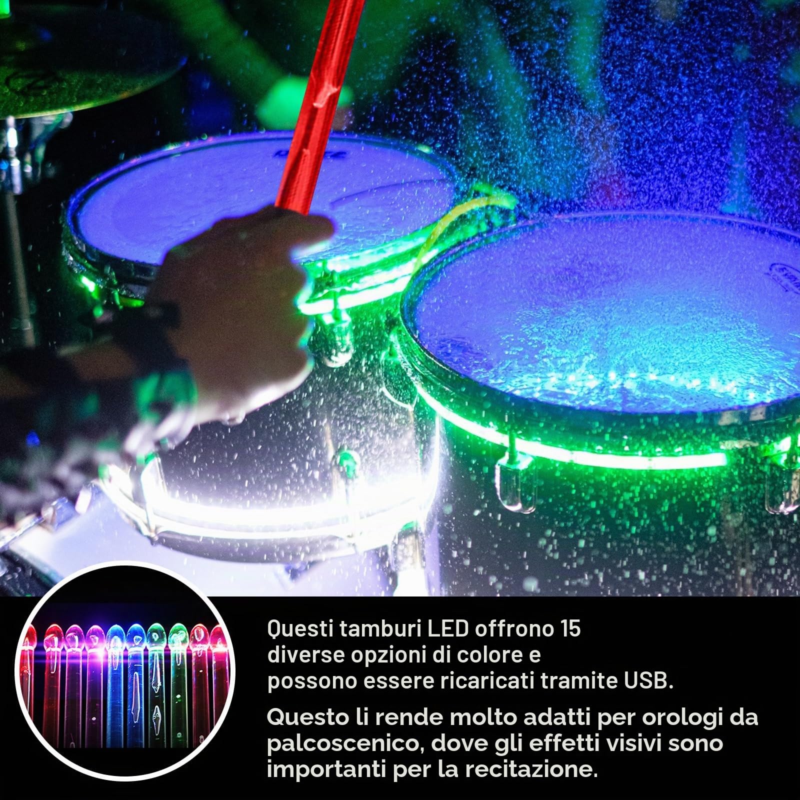 Bacchette per batteria 5A LED luminose ricaricabili, bacchette per batteria con luci fantastiche in materiale polimerico PC per set di batteria, perfette per percussioni e strumenti musicali, 15