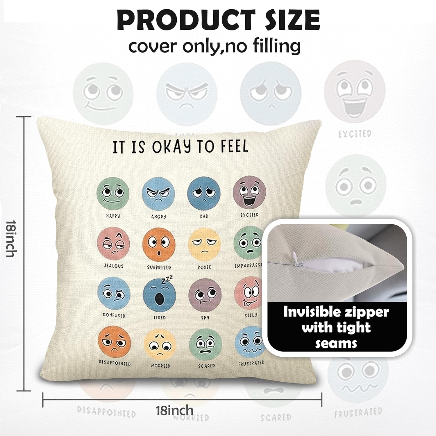 Feelings Wheel Pillow Covers 18x18, Classroom Pillow Covers， Wheel of Emotions Feelings Pillow，Mental Health Office Therapy Office Decor, Classroom Decor (Yellow3)