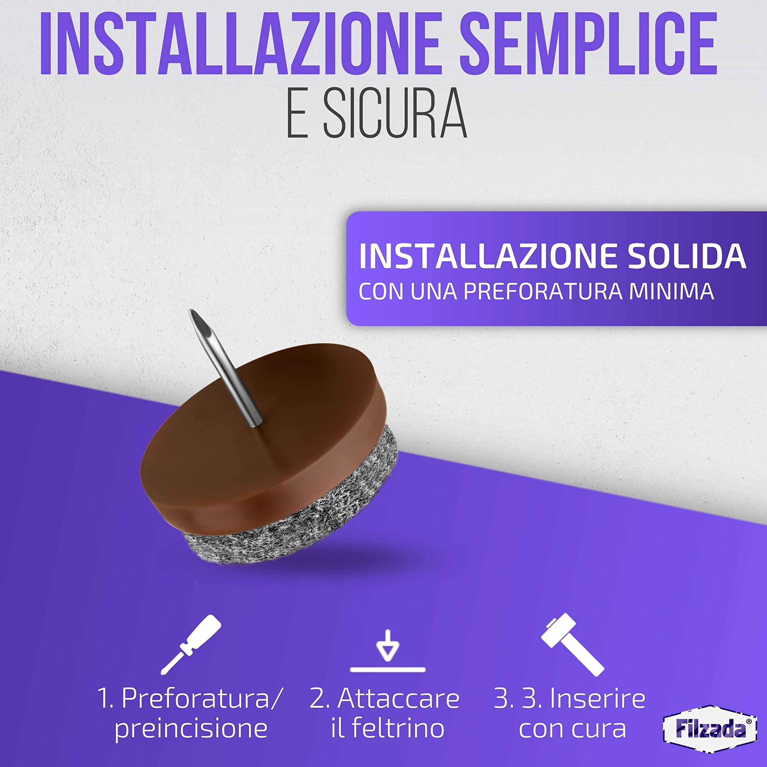 Filzada® 40x Feltro aliante con chiodo - Ø 24 mm (marrone) - Scivoli per mobili professionali/scivoli per sedie in feltro da inchiodare