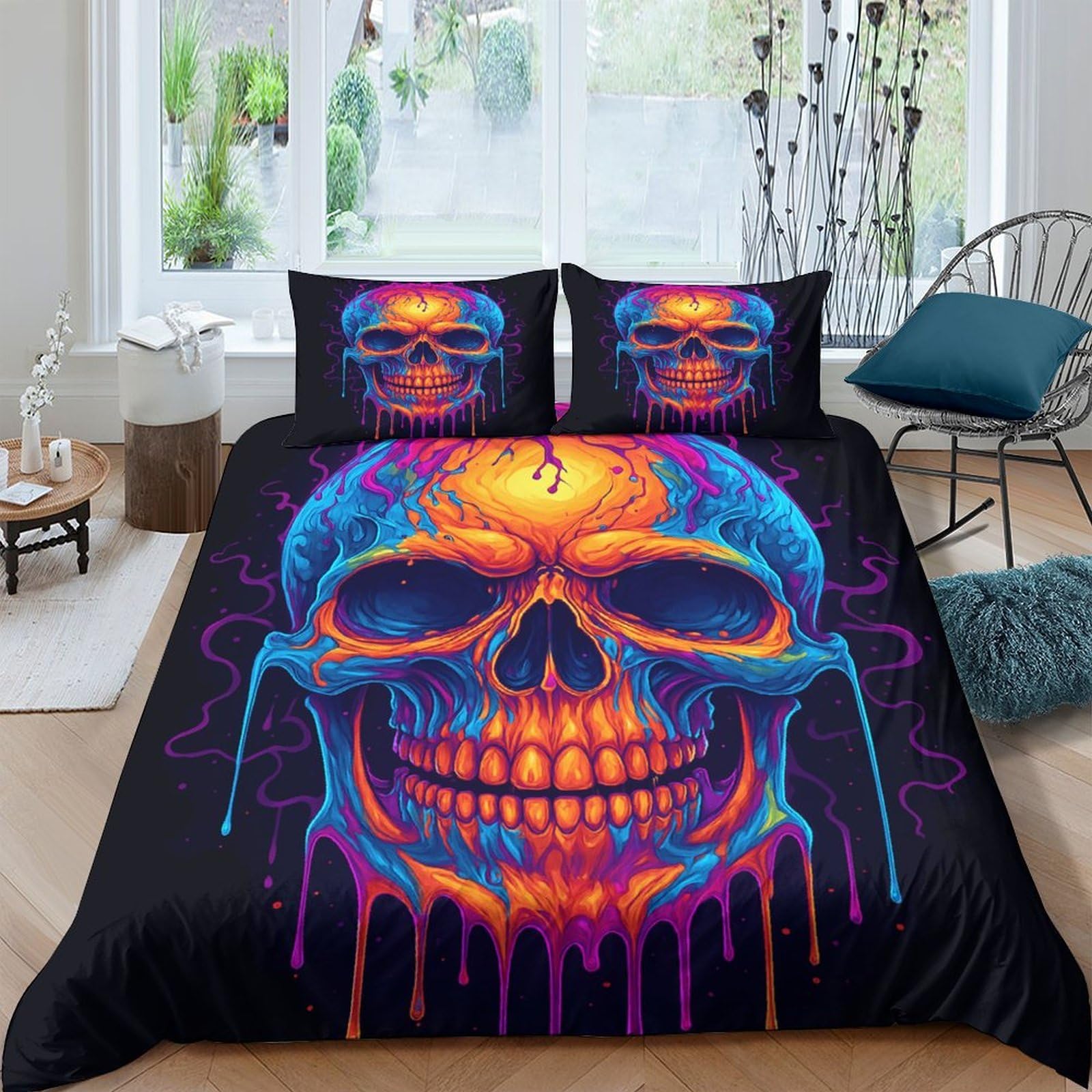 Ctjqhvkz Style-1 3D Printed Neon Skull Fitted Sheet Microfiber Soft Breathable Dripping Paint Mattress Cover For Bedroom Dorm Decor Single（135X200cm）