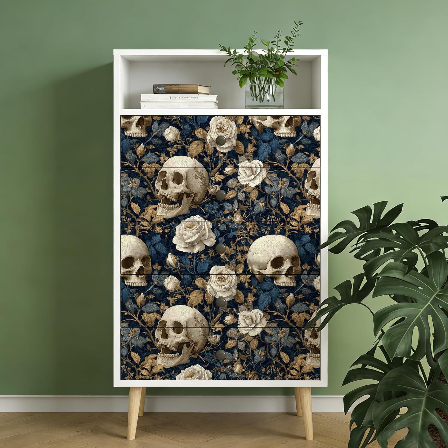 Peel and Stick Wallpaper - Gothic Dark Blue Skull & White Rose, Removable Self-Adhesive Mural for Living Room & Accent Wall, Edgy Luxe Decor, 17.7x236 Inch