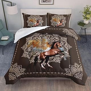 AILONEN Galloping Horse Comforter Set Queen Size, Bohemian Style Brown Running Horse Print Bedding Set,Nature Wildlife Theme Quilt Set for Teens Boys Girls 3Pcs(1 Comforter + 2 Pillowcases)