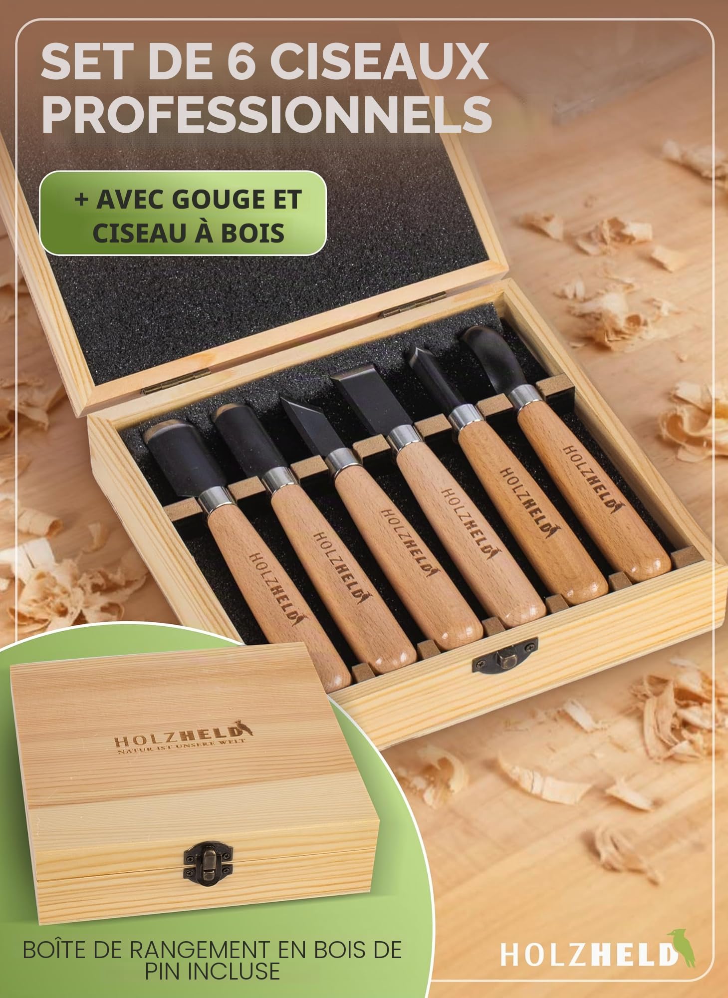 HOLZHELD - Lot de 6 ciseaux à bois en acier japonais de qualité supérieure pour le travail du bois.