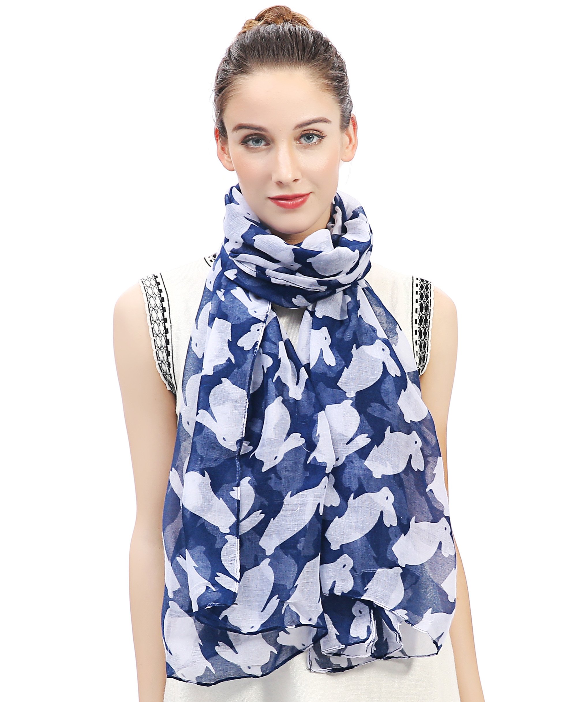 Lina & Lily Rabbit Bunny Print Women's Scarf Shawl Oversized (Navy & White)