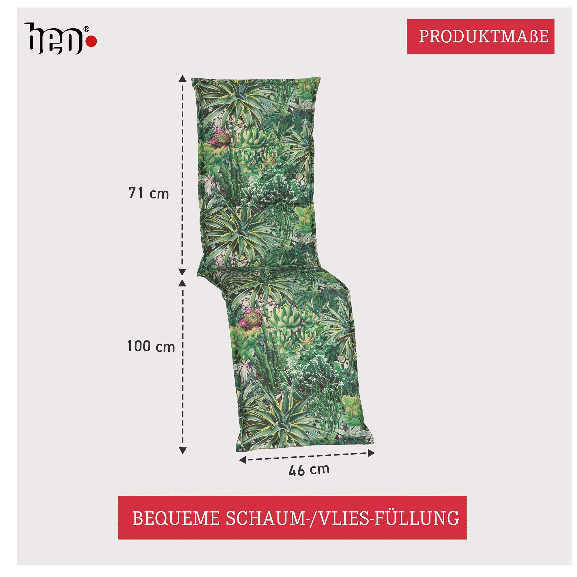 Beo Relaxsessel Auflage Waschbar Turin | Made in EU Premium-Qualität | UV-beständige Liegestuhl Auflage nach Öko-Tex Standard | Atmungsaktive Relaxstuhl Auflage mit Kaktus-Muster in Grün