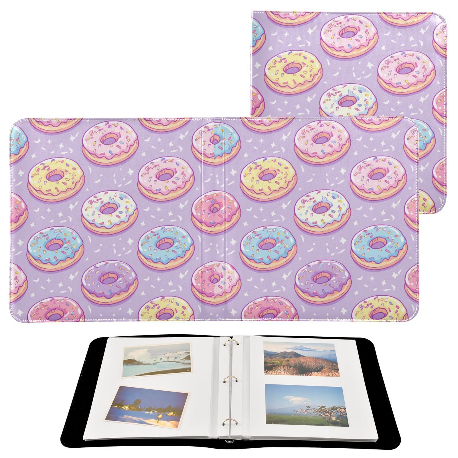 Kigai Cartoon Donuts Photo Album Self Adhesive Scrapbook Album Leather Cover DIY Picture Scrap Book with 20 Adhesive Sheets, 11.8x24x0.8 inch