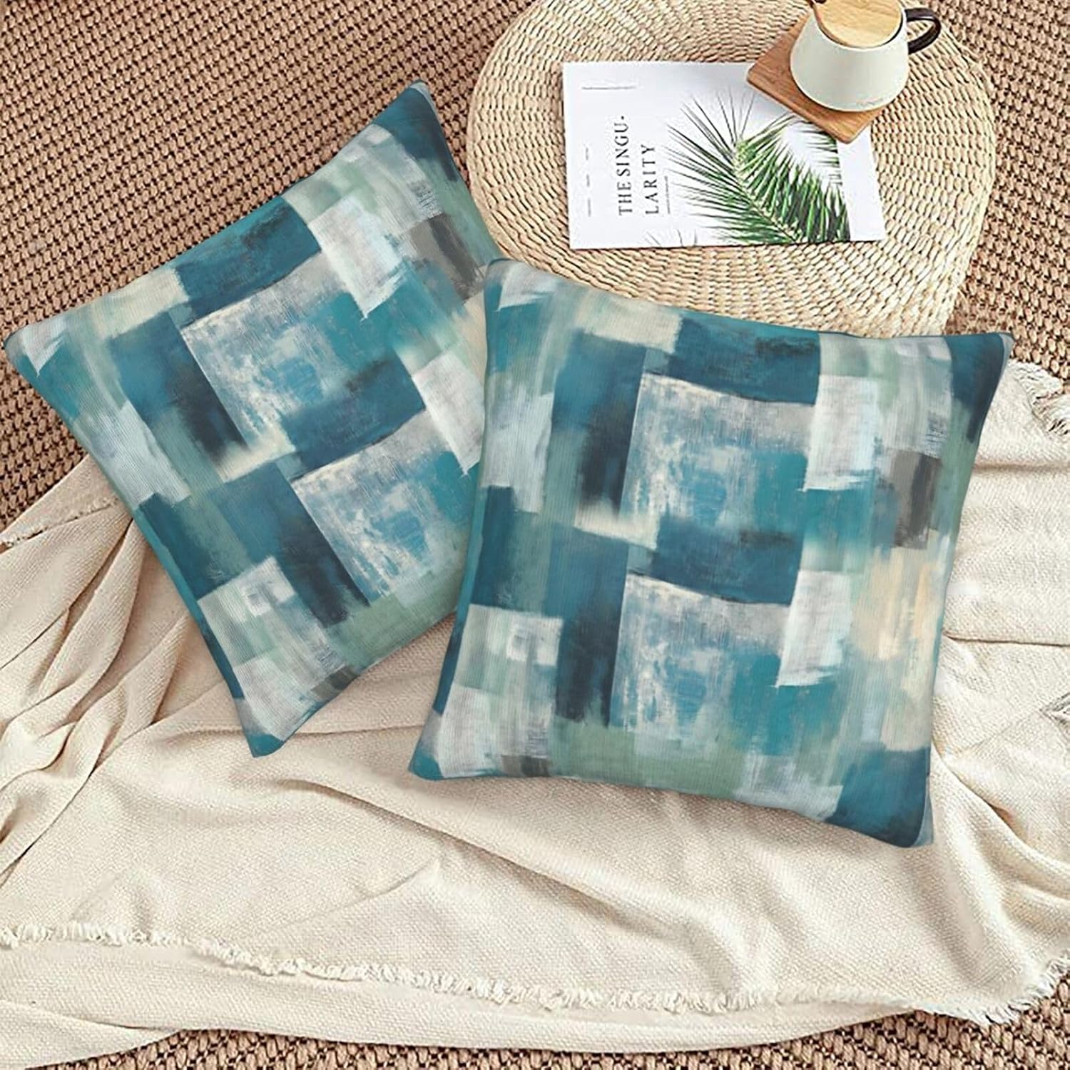 Turquoise Grey Geometric Throw Pillow Cover 18x18 Inch Abstract Art Painting Decorative Pillow Cases Soft Throw Pillows for Living Room Bedroom Sofa Couch Cushion Cover Set of 2 image 5