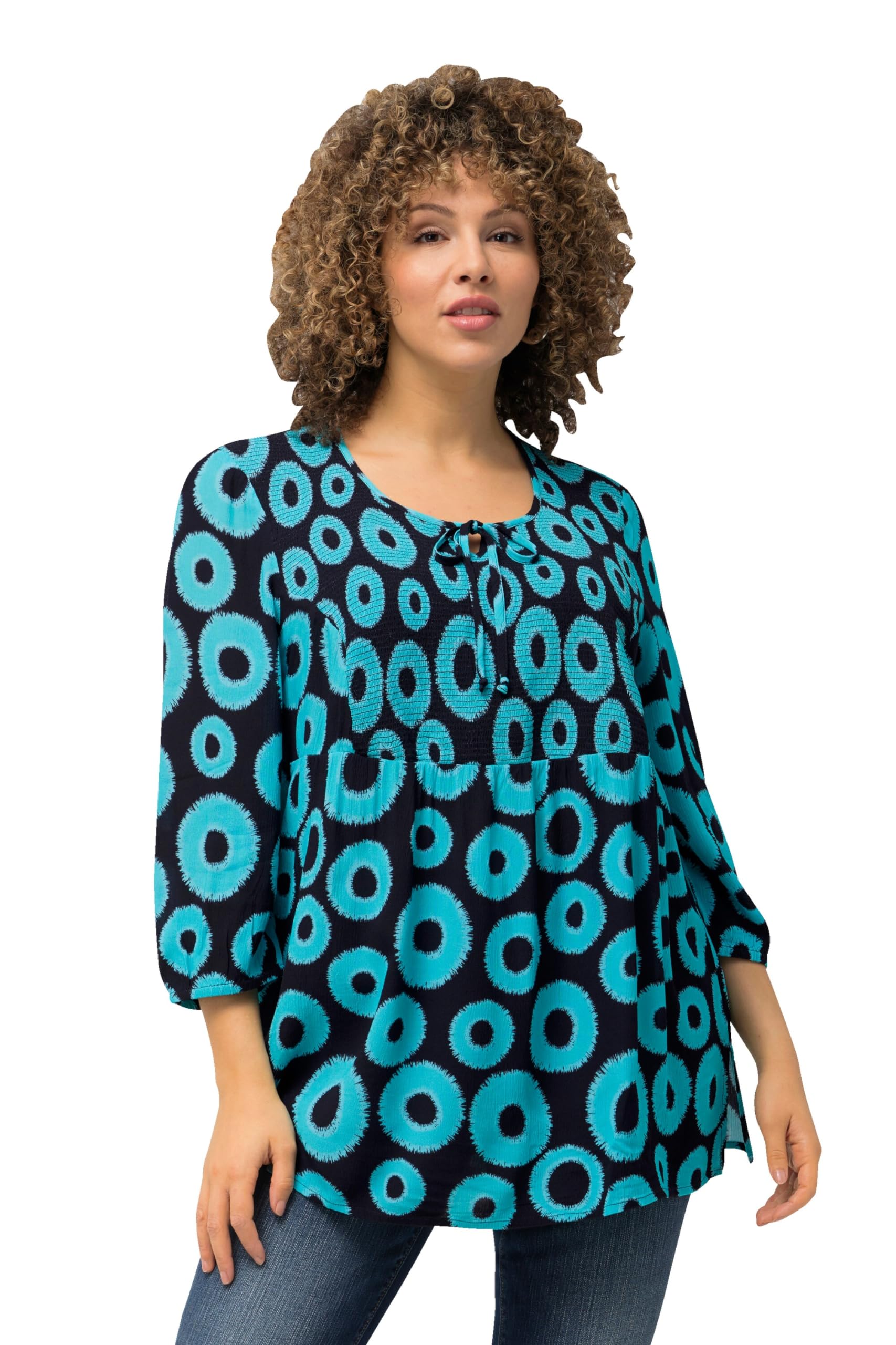 Ulla Popken Damen große Größen Übergrößen Plus Size Smokbluse, Kreise, A-Linie, Rundhals, 3/4-Arm 829086