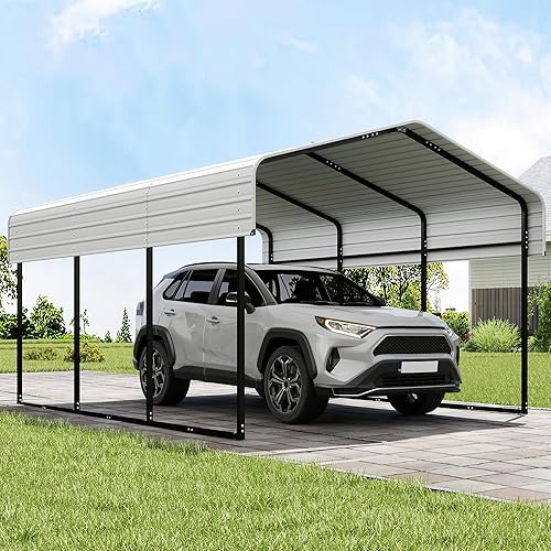 Real Relax 10x15FT Heavy Duty Metal Carport, Outdoor Carport Canopy with Galvanized Steel Roof and Reinforced Base for All-Weather, Garage Shelter Shade for Trucks, Boats, Party, Cream White
