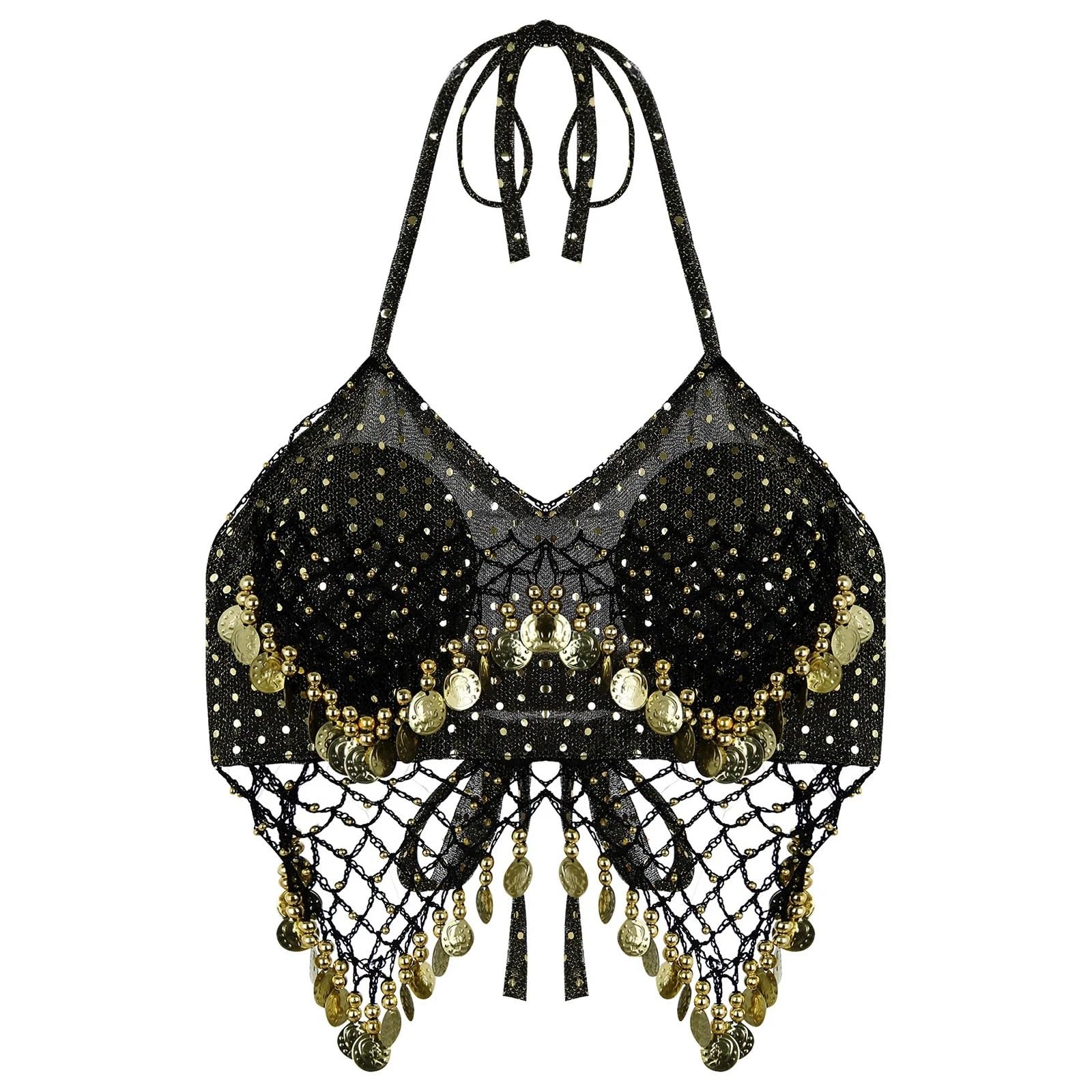 Zwcshuu Unisex Black Gold Sexy Women Beaded Sequins Belly Dance Costumes Bra Professional Belly Dancer Outfits Stage Performance Carnival Tops Bra Belly Dancer Top(Black Gold)