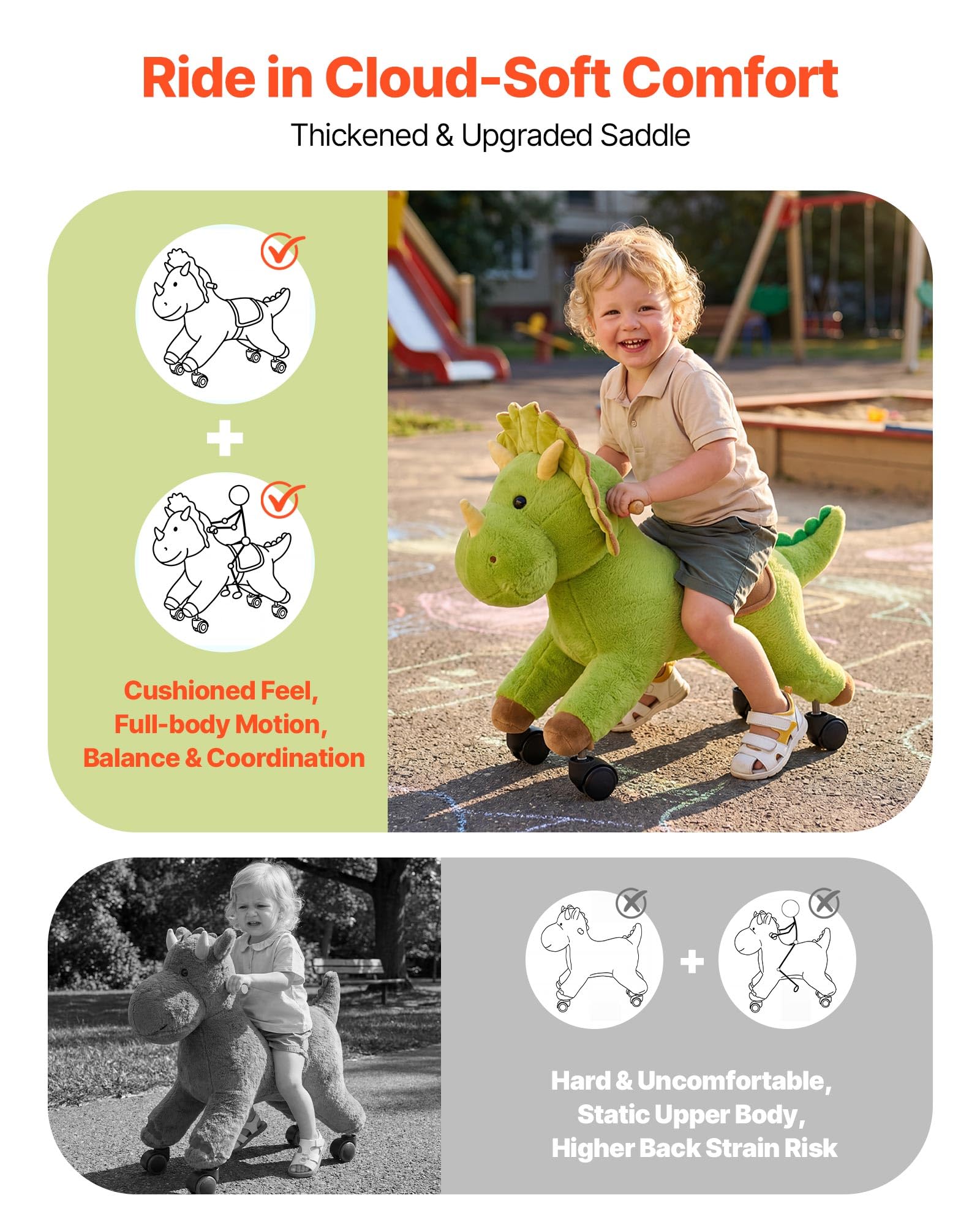 VEVOR Reitpferd auf Rollen 55cm, 40kg Belastbare Stehpferd mit Soundfunktion, Spielpferd mit Weichem Sitz Griffen & 360° Lenkrollen, Grüner Dinosaurier zum Draufsitzen & Reiten für Kinder ab 3 Jahren