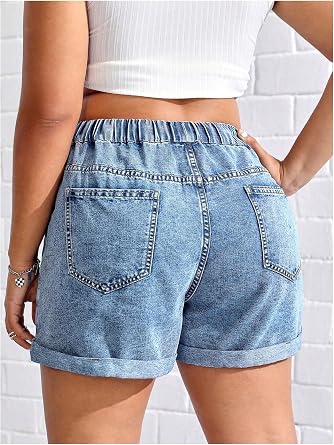 SOLY HUX Women's Plus Size Drawstring Elastic Waist Denim Shorts Straight Leg Casual Summer Short Jeans