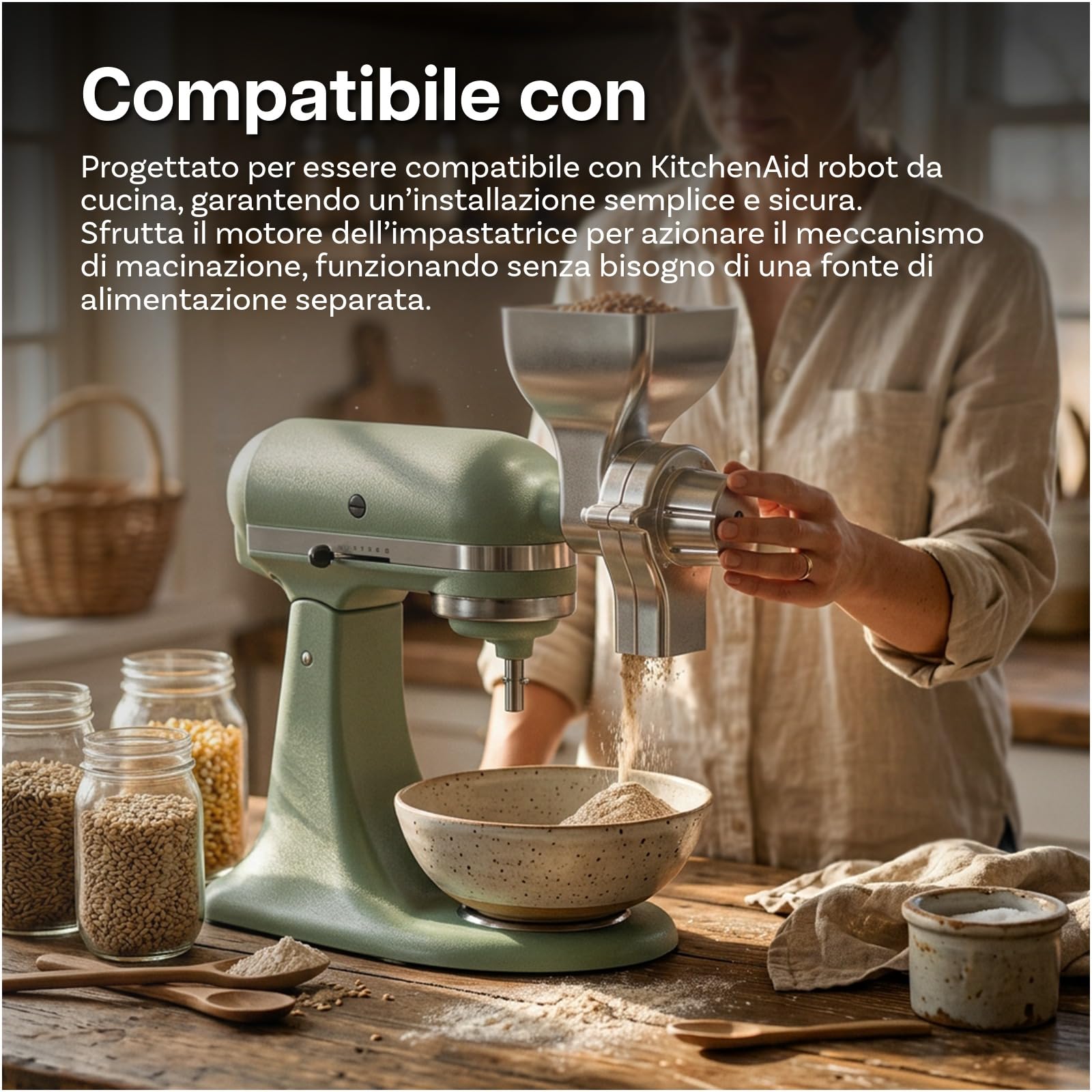 Accessorio per Mulino a Grano per KitchenAid Stand Mixer – 12 Livelli di Macinatura Regolabili – Macina in Metallo per Macinare Grano, Mais, Avena, Noci, Fagioli di Caffè & Altri Cereali