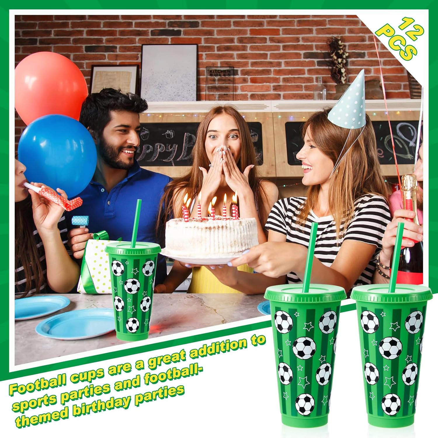 Uiifan 12 Pcs Plastic Soccer Cups 24 oz Reusable Tumbler with Lid and Straw Sports Gifts for Coach Boyfriend Fan Men Women Soccer Party Favors Sports Themed Party Decorations