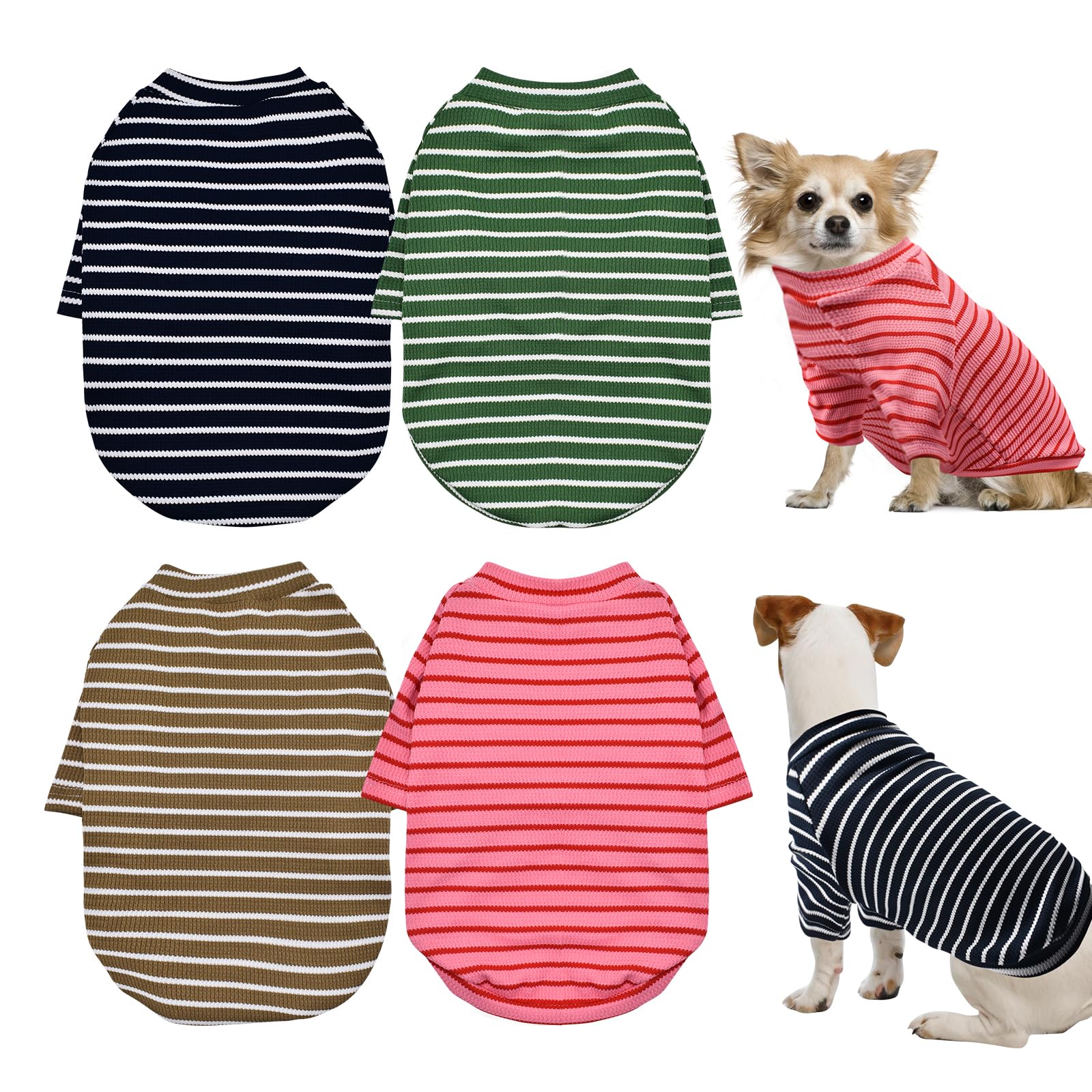 KATOLK 4 Pack Striped Dog Shirts Waffle Dog Clothes for Small Medium Dogs, Stretchy Dogs Boy Girl Dog T-Shirts Lightweight, Soft and Breathable Puppy