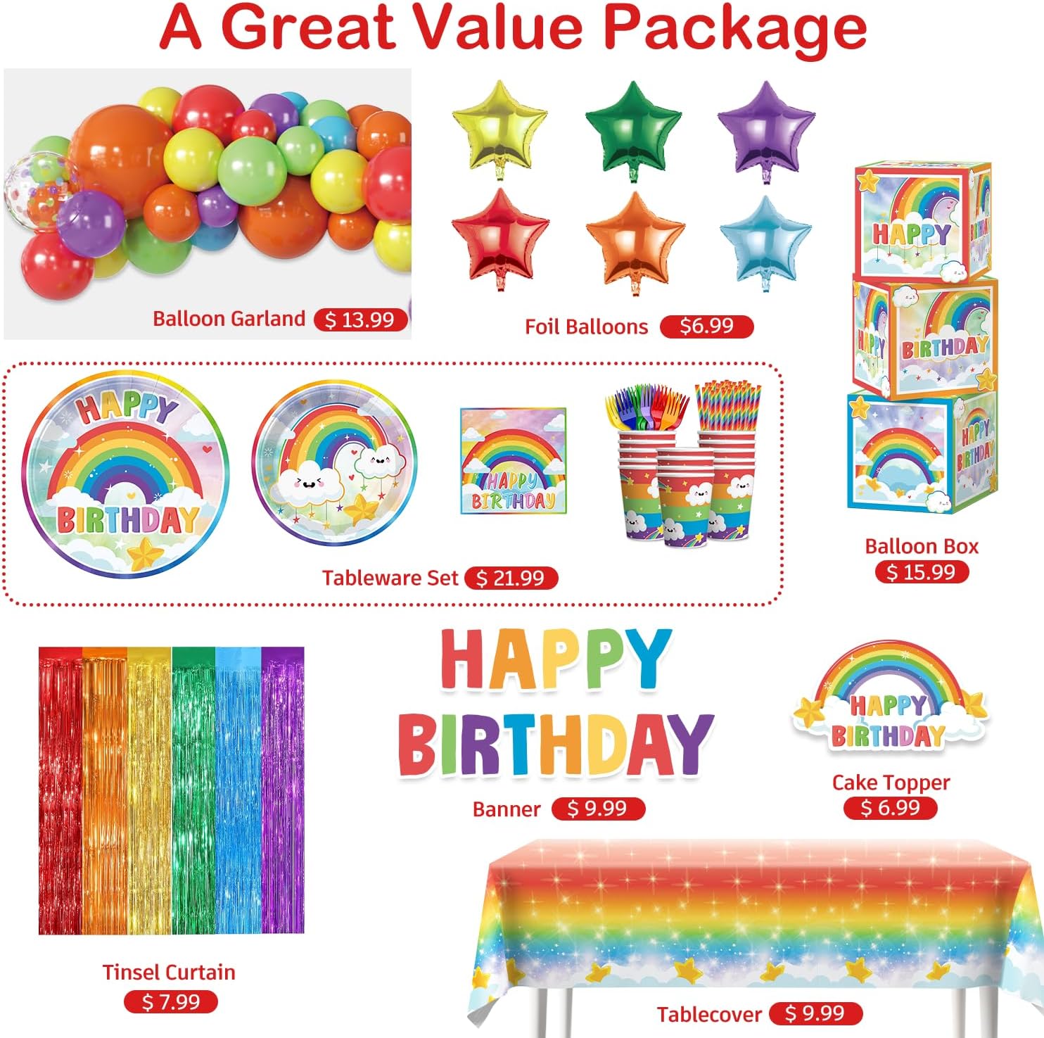Cocomigo 245 Pcs Rainbow Birthday Decorations, All-in-one Rainbow Party Decorations with Plates, Banner, Balloon Arch, Fringe Curtain for Rainbow Birthday Party Decorations, 20 Guests - Image 3