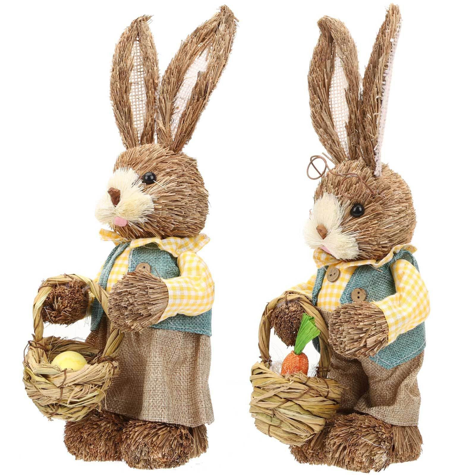Happyyami Set Coniglio in Paglia e Cotone 2 Pezzi Decorazioni Pasquali 35cm Figurine Coniglio Adorabili per Tavolo e Casa