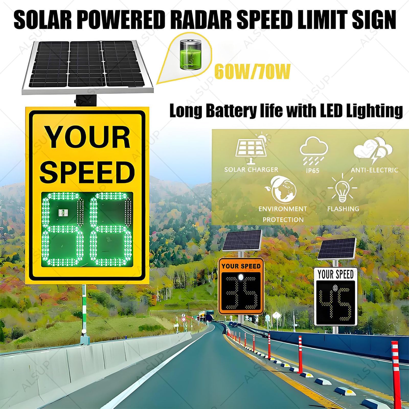 Señal de retroalimentación de radar con energía solar, tablero de advertencia de límite de velocidad LED para carreteras, calles, vecindarios, carreteras, 20 x 27 pies, 24 x 35 pies, opciones de