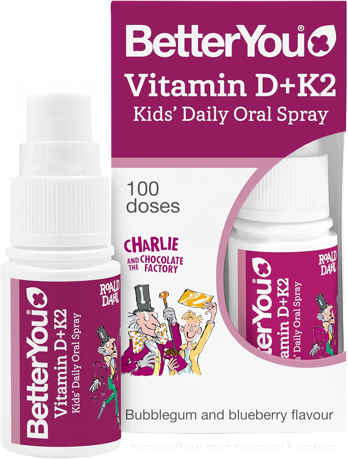 BetterYou Vitamin D3 + K2 Kids Oral Spray, Fast Acting Vitamin D 800 IU + Vitamin K2 (MK-7), Supports Growing Bones and a Healthy Immune System, 100 Sprays, Sugar Free Blueberry and Bubblegum Flavour