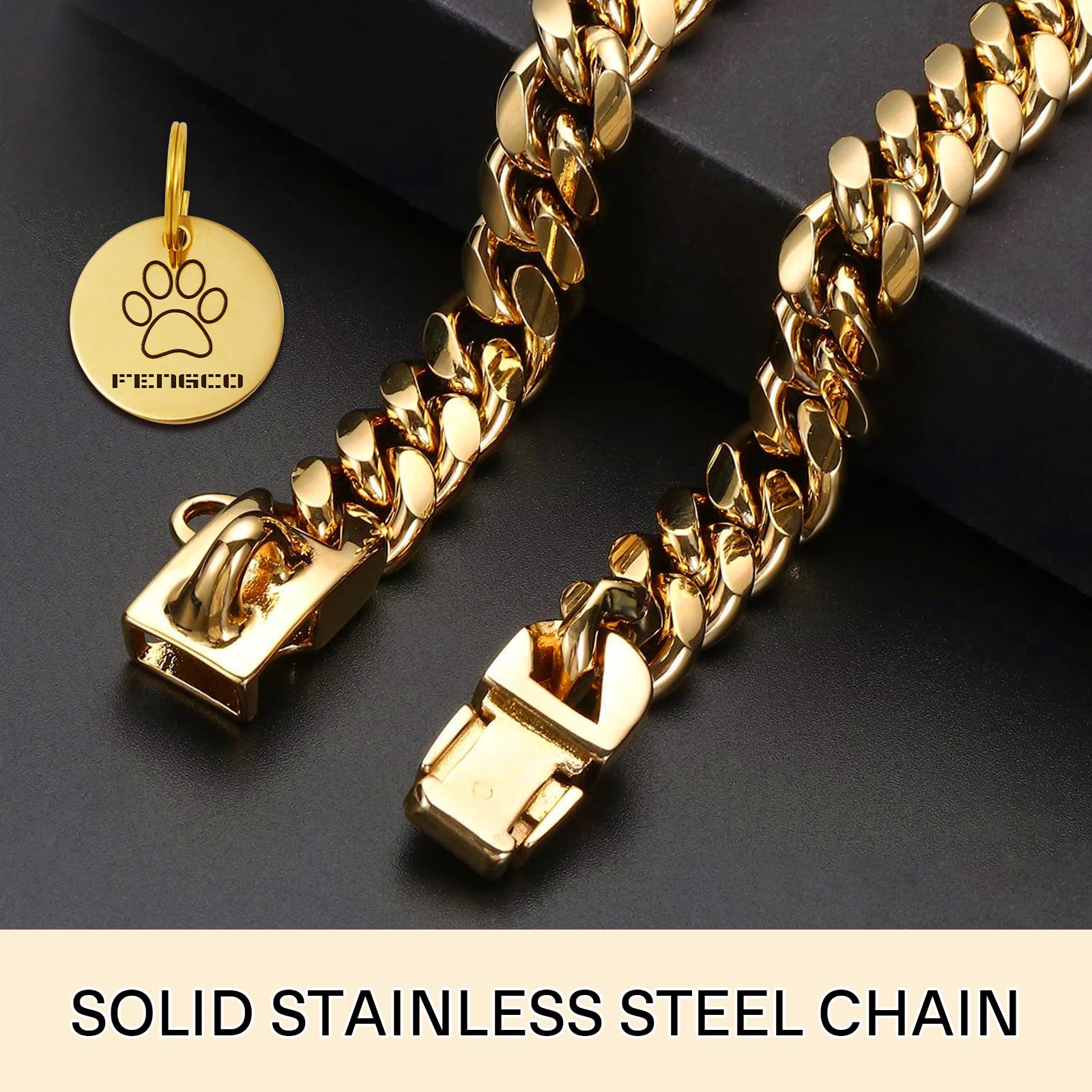 Gold Dog Chain Collar with Dog Tag Pendent Metal Chain Collar Necklace18K Gold Plated Stainless Steel Pet Cuban Links Collars for Dogs(14inch) - Image 3